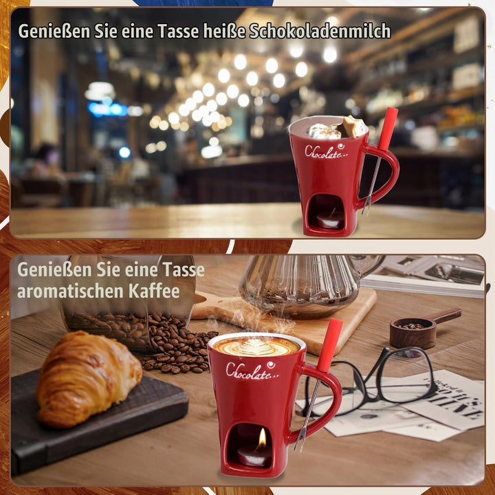 WELLXUNK Schokoladen Fondue Becher Set, 200 ml Keramik Schokoladenfondue Tasse, Rot Schokofondue Tas