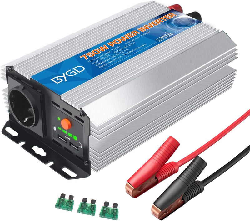 BYGD Spannungswandler 12V auf 230V 750W/1500W,Wechselrichter DC 12V auf AC 230V Inverter und 2 USB A