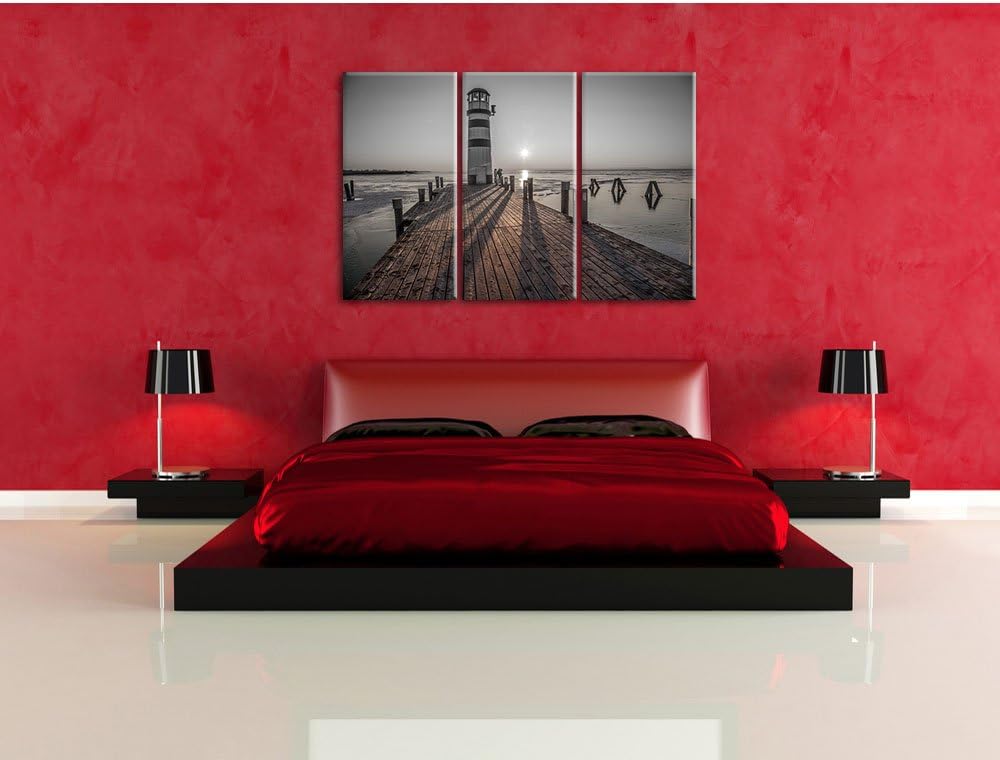 Pixxprint Leuchtturm am Steg als Leinwandbild/Grösse: 3 Teilig (120x80) cm/Wandbild/Kunstdruck/ferti