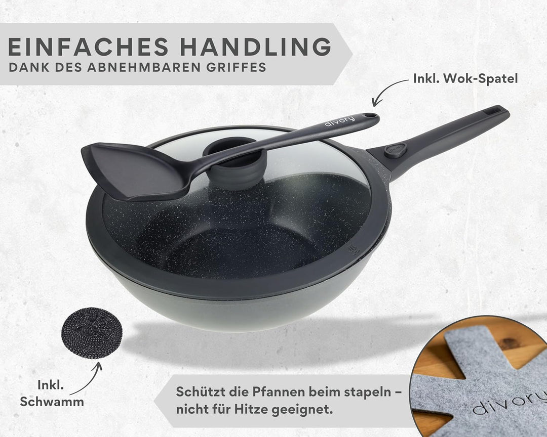 DIVORY Wokpfanne 30 cm mit Deckel - abnehmbarer Griff, induktionsgeeignet, Antihaftbeschichtung, Ind
