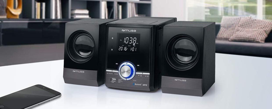 Muse M-38 BT CD/MP3 Microsystem mit USB, Bluetooth, Equalizer, Fernbedienung schwarz/Chrom