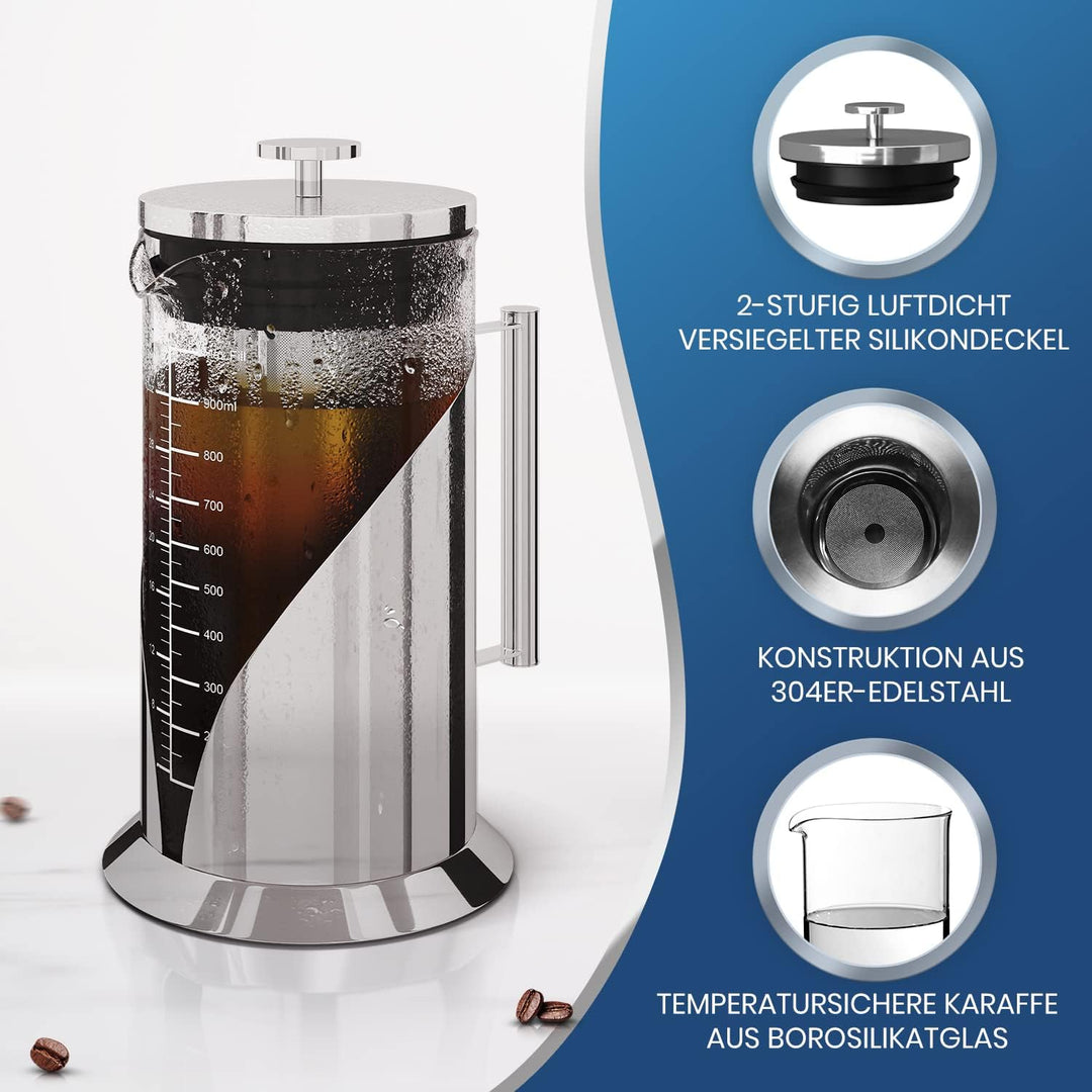 Cafe du Chateau Cold Brew Kaffeebereiter – 1 Liter – Filter aus Edelstahl 304 – Borosilikatglaskörpe