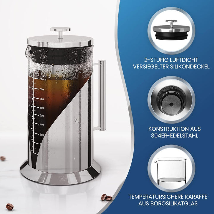 Cafe du Chateau Cold Brew Kaffeebereiter – 1 Liter – Filter aus Edelstahl 304 – Borosilikatglaskörpe