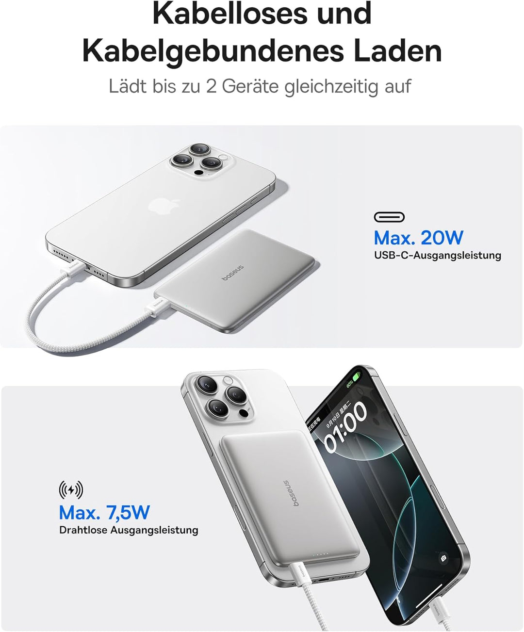 Baseus Picogo AM41 Power Bank, Ultra Slim 5000mAh Magsafe Powerbank, PD 20 W-Laden, Portabel, Wirele