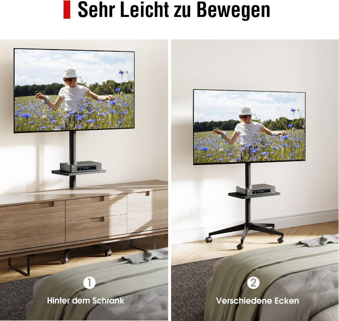 AOKCOS TV Bodenständer Rollbar mit Ablage, TV Ständer mit Rollen für 32-65 Zoll Fernseher bis 40 kg,