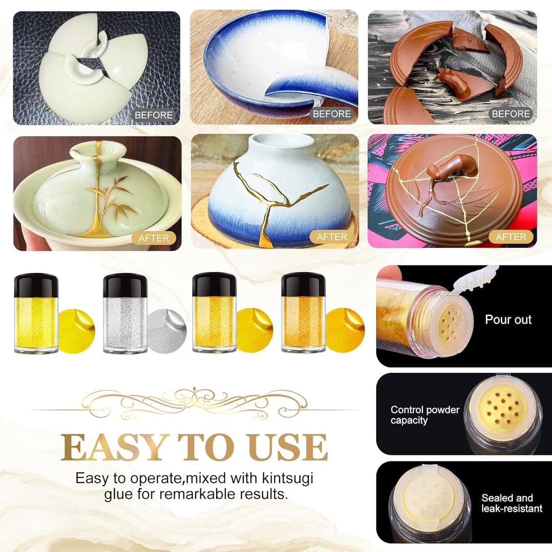 Kintsugi Reparaturset, Japanisches Kintsugi Kit mit 50ml Lebensmittelechter Keramikkleber, 4 Farben