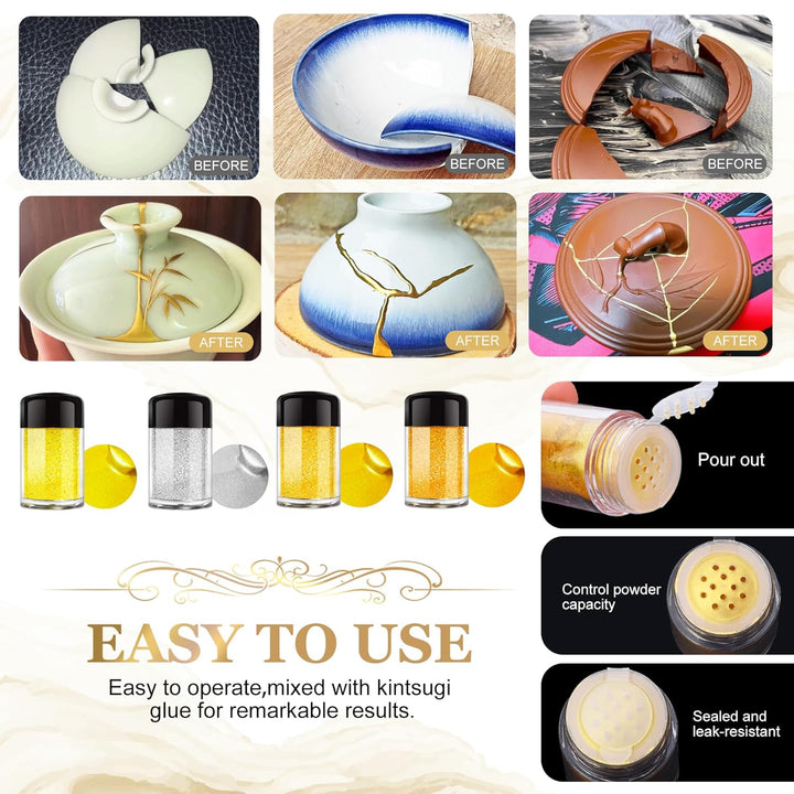 Kintsugi Reparaturset, Japanisches Kintsugi Kit mit 50ml Lebensmittelechter Keramikkleber, 4 Farben