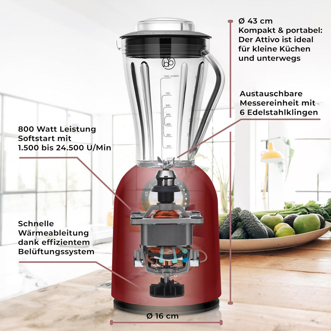 bianco di puro Hochleistungsmixer Attivo bis 24.500 U/Min Smoothie Maker inkl. Sport-To-Go Mixbecher