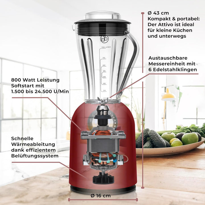 bianco di puro Hochleistungsmixer Attivo bis 24.500 U/Min Smoothie Maker inkl. Sport-To-Go Mixbecher