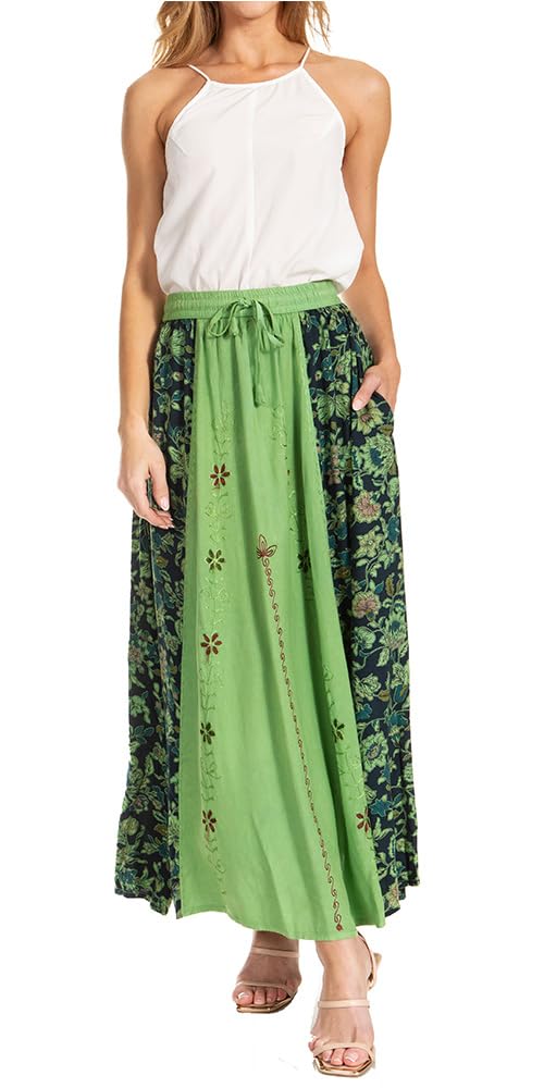Sakkas Maran Frauen Boho Stickerei Rock mit elastischer Taille und Taschen Einheitsgrösse Salbeigrün