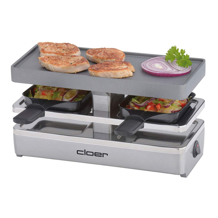 Cloer 6495 Mini Raclettegrill / 400 W / 2 Pfännchen mit wärmeisolierten Griffen / Unbeheizter "Parkp