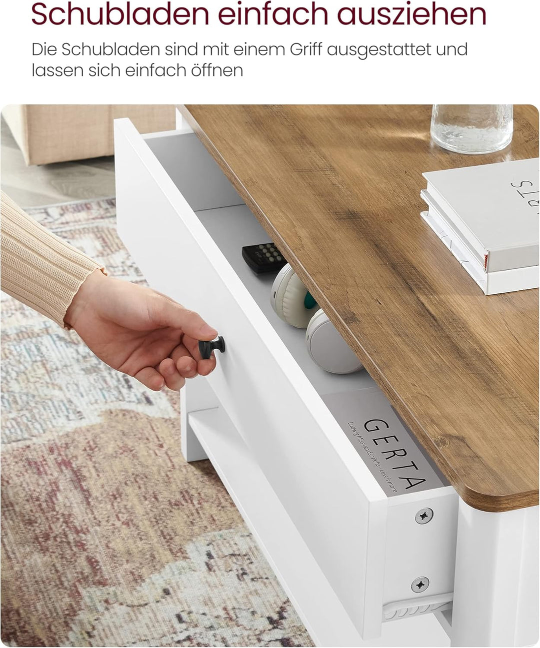 VASAGLE Couchtisch, Wohnzimmertisch, Sofatisch, 2 grosse Schubladen, mit Beinen, viel Stauraum, mari