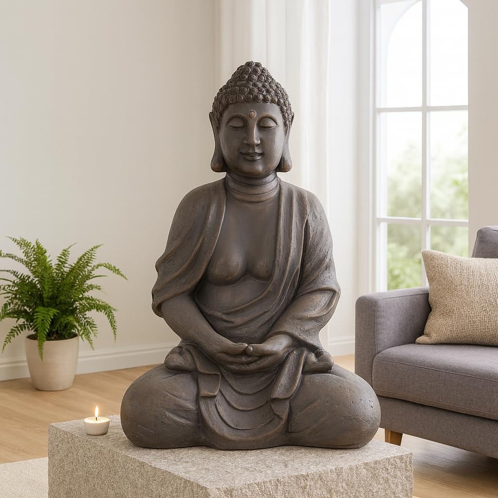Worldconnection XXXL Grosser Buddha 70 cm Garten Deko Figur Skulptur Feng Shui Steinfigur-Optik
