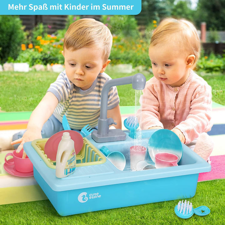 cute stone Küchenspüle Spielzeug Set mit warmbarem Wasser-Recycling Wasserhahn und Waschbecken, Wärm