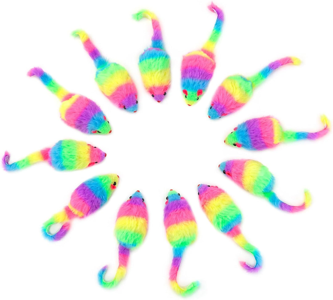 Chiwava 24 STK. 7,5cm Regenbogenfarbene pelzige Katzenspielzeug mäuse mit Rassel Kätzchen Maus Inter