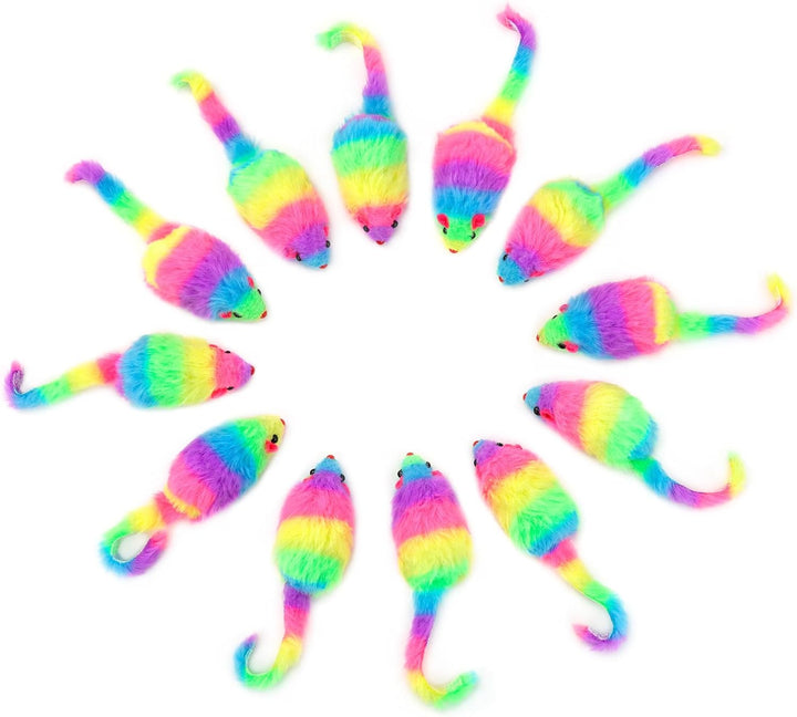 Chiwava 24 STK. 7,5cm Regenbogenfarbene pelzige Katzenspielzeug mäuse mit Rassel Kätzchen Maus Inter