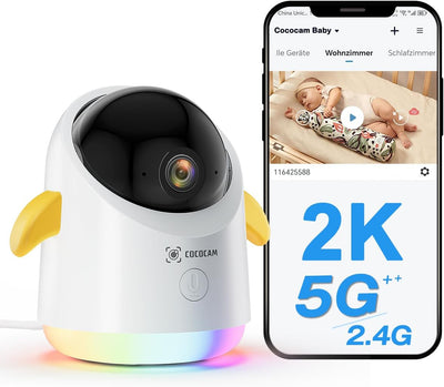 COCOCAM 2K Babyphone mit Kamera, Smartes WLAN Babyphone mit 2.4/5G, 355° Schwenken, 120° neigen, Tel