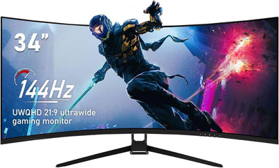 CRUA Gaming Monitor 34 Zoll (86cm Bildschirm) 3440X1440P WQHD 144Hz HDMI, 1ms (VRB), 2xHDMI 2.0, DP