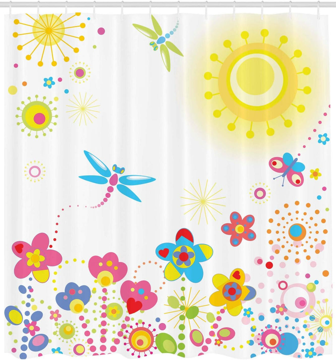 ABAKUHAUS Libelle Duschvorhang, Löwenzahn-Glück, Stoffliches Gewebe Badezimmerdekorationsset mit Hak