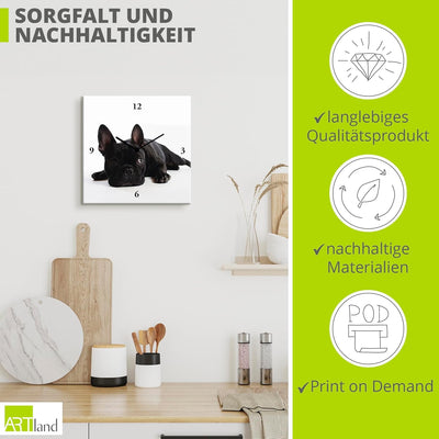 ARTLAND Wanduhr ohne Tickgeräusche Leinwand Funkuhr 30x30 cm Quadratisch Lautlos Hund Tiere Bulldogg