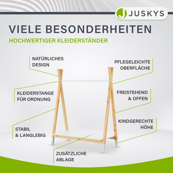 Juskys Kinder Kleiderständer Heidy mit Ablage & Kleiderstange - Holz Kindergarderobe modern, offen &