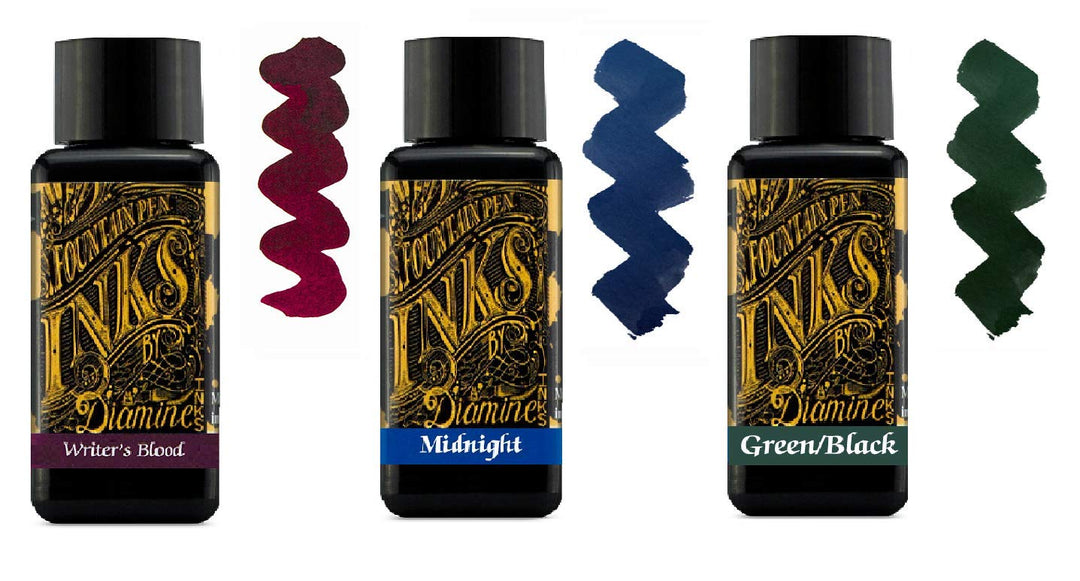 Diamine Tinte für Füllfederhalter, 30 ml, 3 x Flaschen – Writers Blood & Midnight Blue & Green Black
