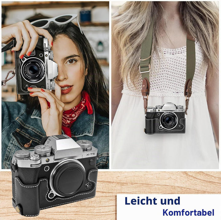 Rieibi Fuji XT5 Schutzhülle – hochwertiges PU-Leder Halbtasche für Fujifilm X-T5 Digitalkamera – sch