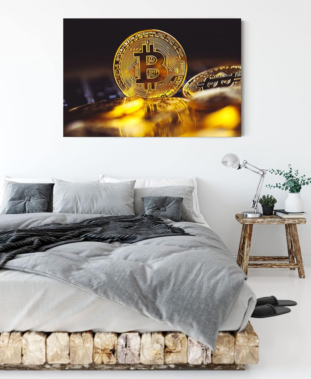 Pixxprint Bitcoin BTC zwischen Münzen als Leinwandbild | Grösse: 120x80 cm | Wandbild | Kunstdruck |