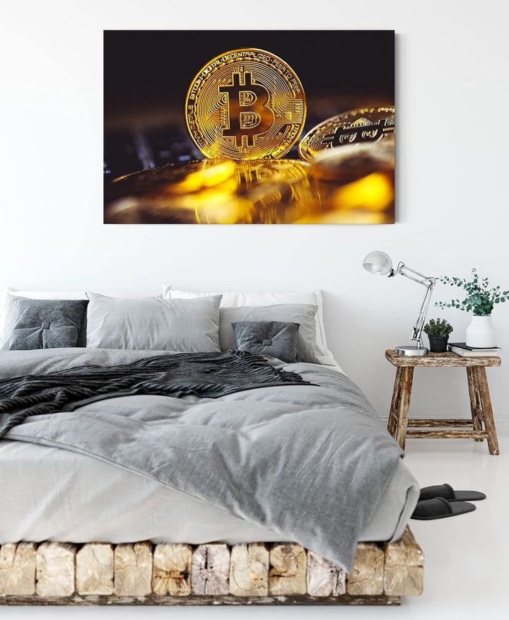 Pixxprint Bitcoin BTC zwischen Münzen als Leinwandbild | Grösse: 120x80 cm | Wandbild | Kunstdruck |