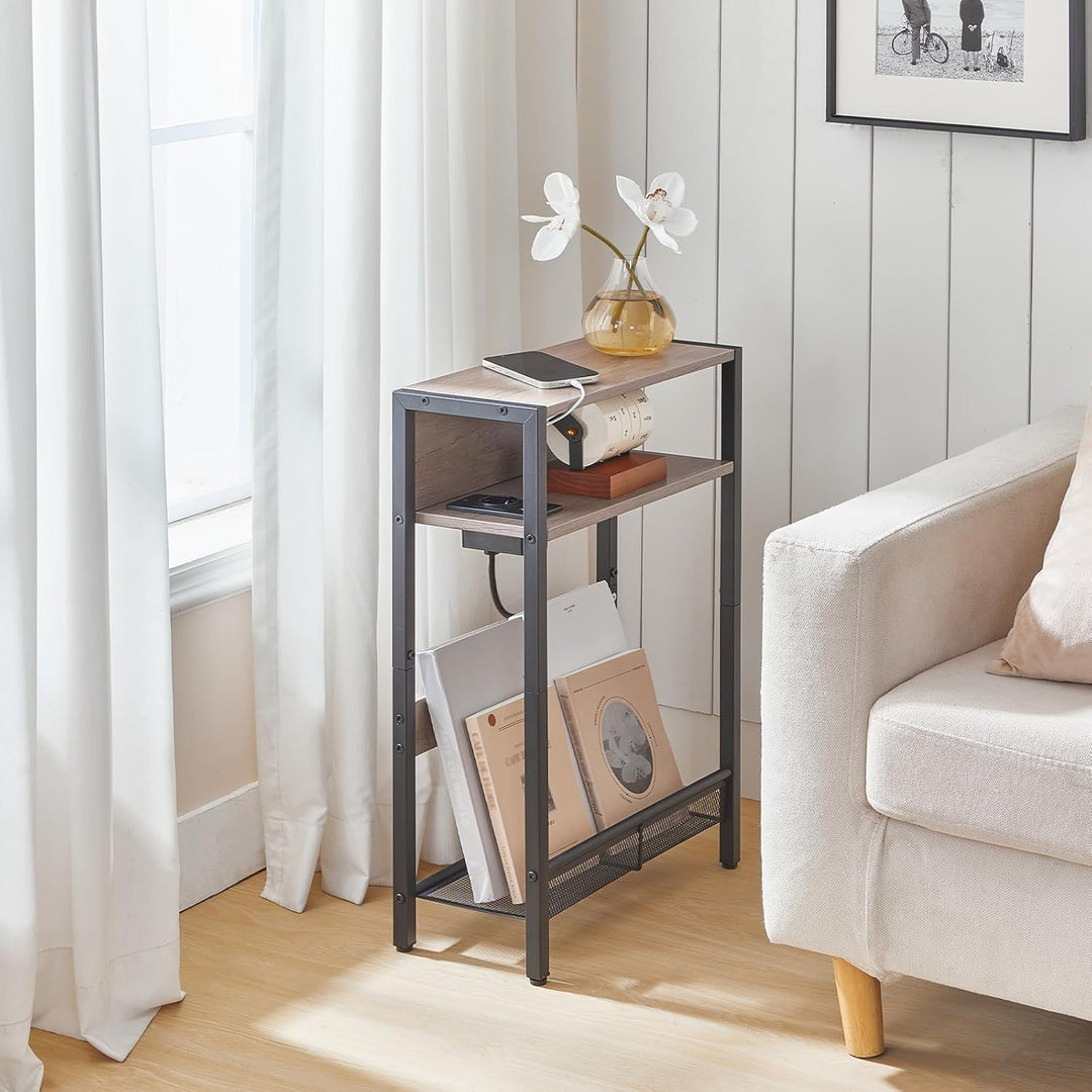 Beistelltisch Schmal, Couchtisch mit Ladestation, 3-stufiger Nachttisch, Sofatisch mit 2 Holzwerksto
