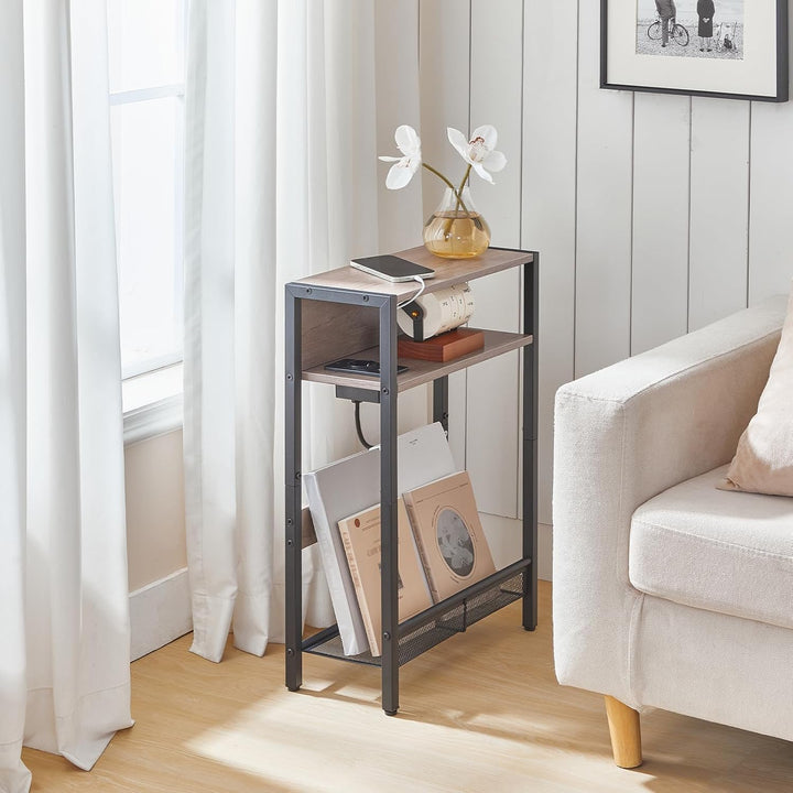 Beistelltisch Schmal, Couchtisch mit Ladestation, 3-stufiger Nachttisch, Sofatisch mit 2 Holzwerksto
