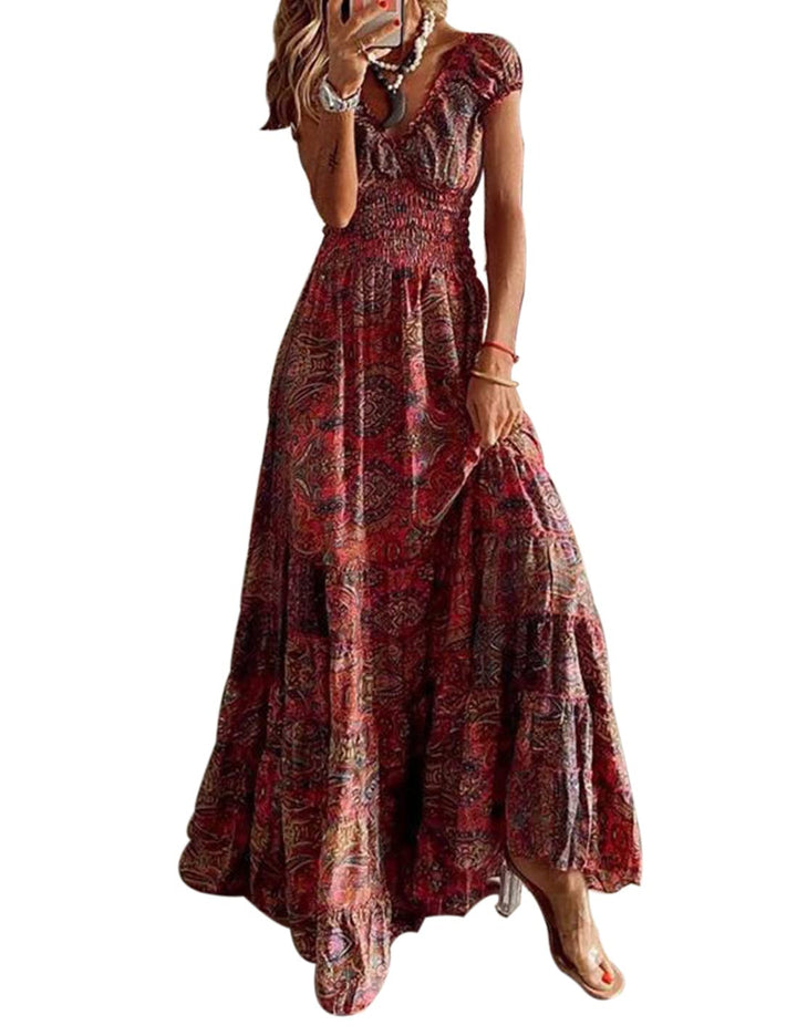 ABYOVRT Sommer Kleider Damen Sommerkleid Boho Lang Kleider Böhmisch Blumen Strandkleid V-Ausschnitt