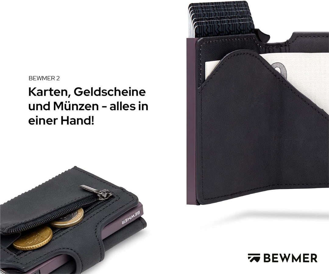 BEWMER 2 Shielded | Herren und Damen Slim Wallet mit RFID-Schutz Anti-Cloning | Kartenetui mit Münzf