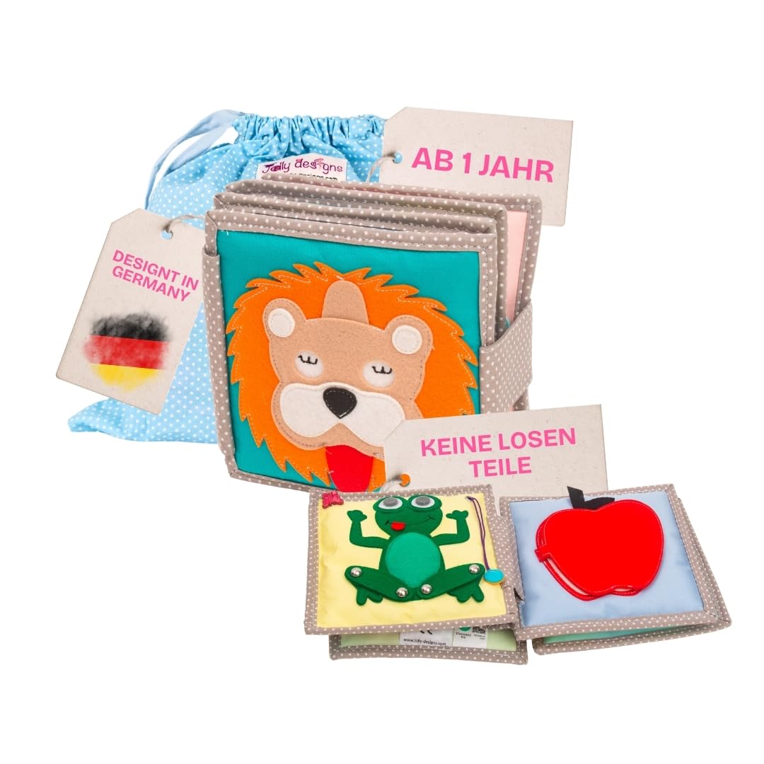 Jolly Designs Mini Quiet Book Dösender Löwe – Montessori Spielzeug ab 1 Jahr – Stoffbuch & Busy Book