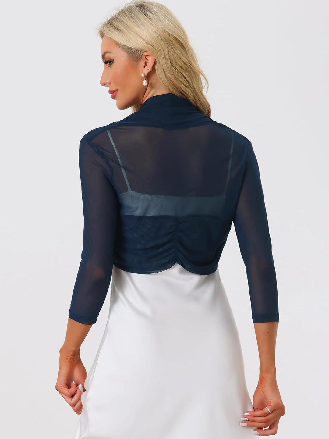 Allegra K Damen Bolero Festlich 3/4 Ärmel Rüschen Mesh Durchsichtig Crop Strickjacke Shrug Boleros,