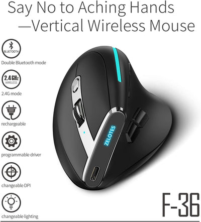 Zeerkeer 2.4G Wireless Ergonomische Maus,Kabellose Vertical Maus Wiederaufladbar Optische Mäuse 2400