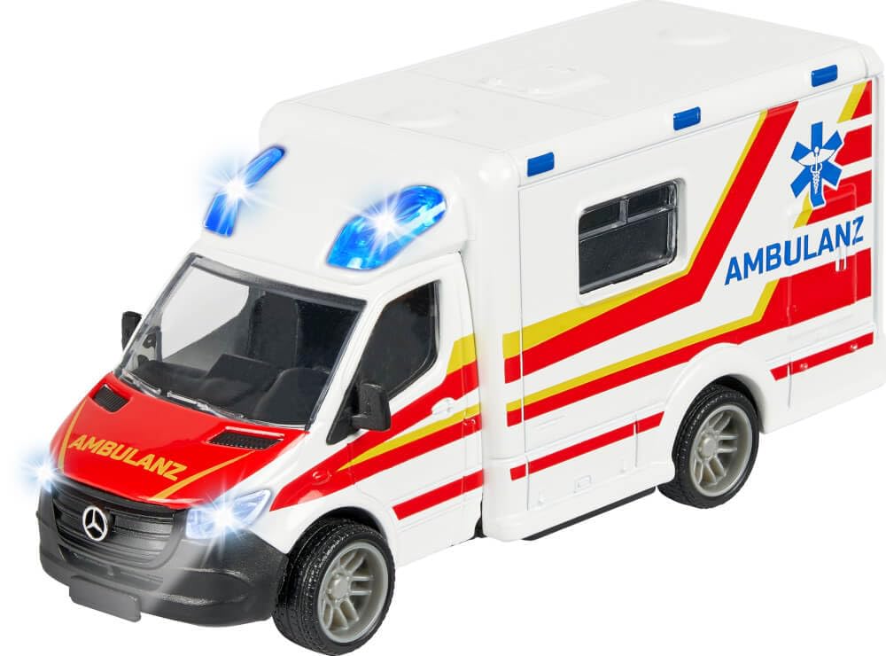 Majorette - Mercedes-Benz Sprinter Krankenwagen – Premium Modell, mit Licht & Sound, Gummireifen, vi