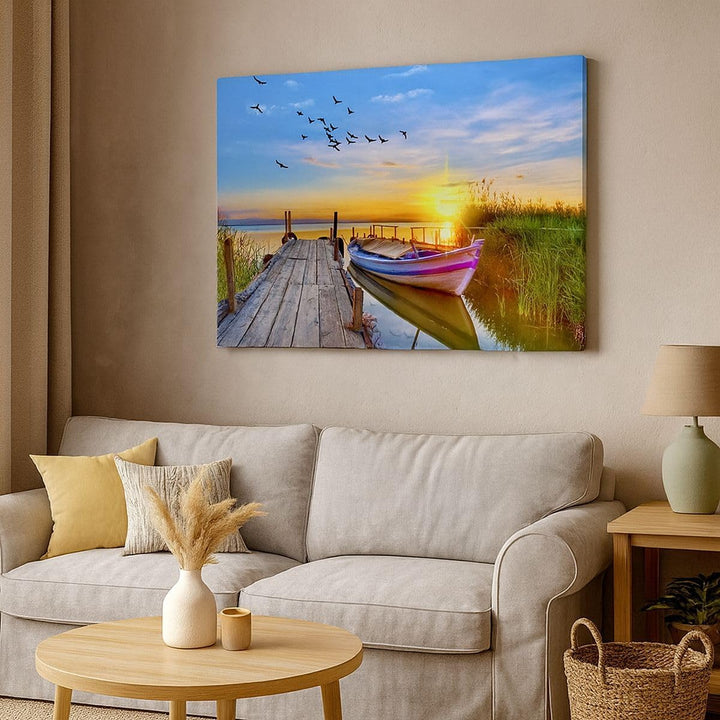 Bilder auf Leinwand See Boot Wasser Leinwandbild mit Rahmen 70x50cm Wandbilder Dekoration Wohnzimmer