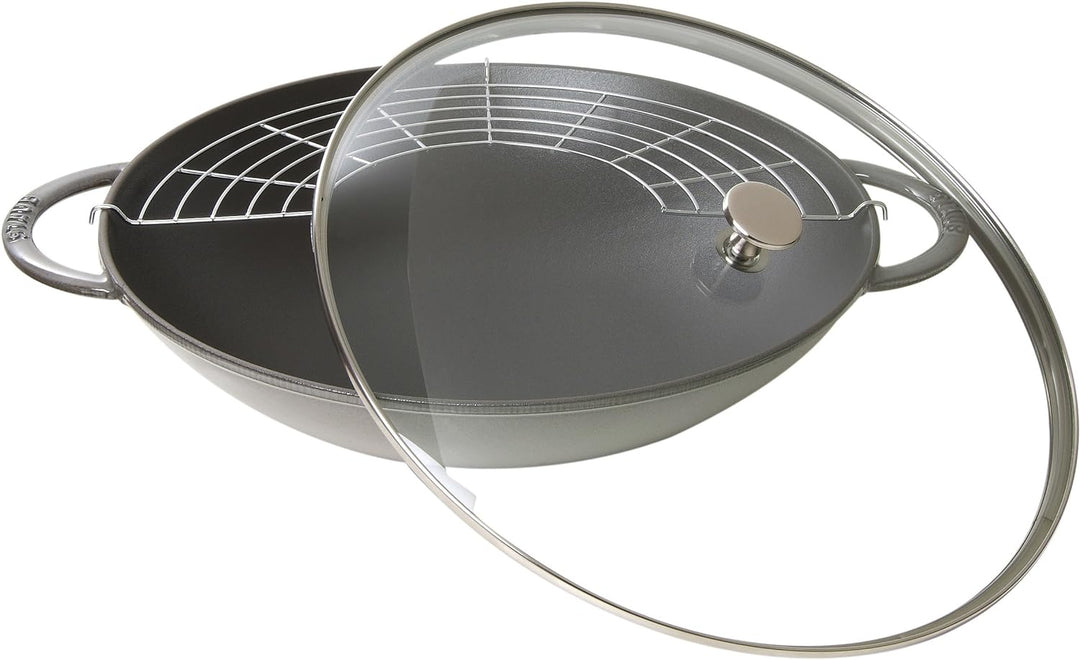 STAUB Gusseisen Wok mit Glasdeckel, rund 37 cm, graphitgrau 37 cm Graphitgrau, 37 cm Graphitgrau
