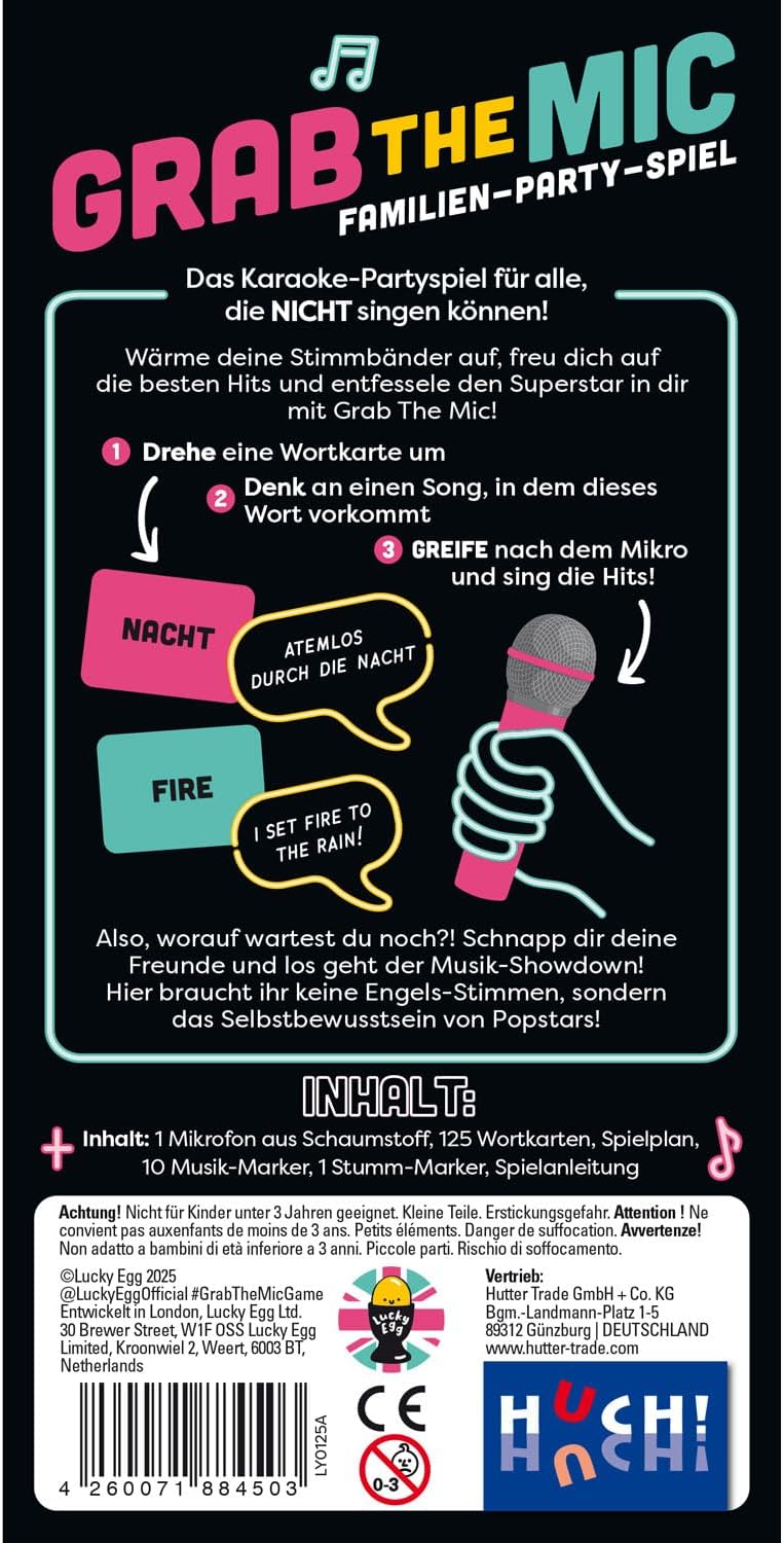 HUCH!, Grab The Mic Spiel Deutsch, Karaoke Spiel mit lustigen Songtext-Challenges, Partyspiele lusti
