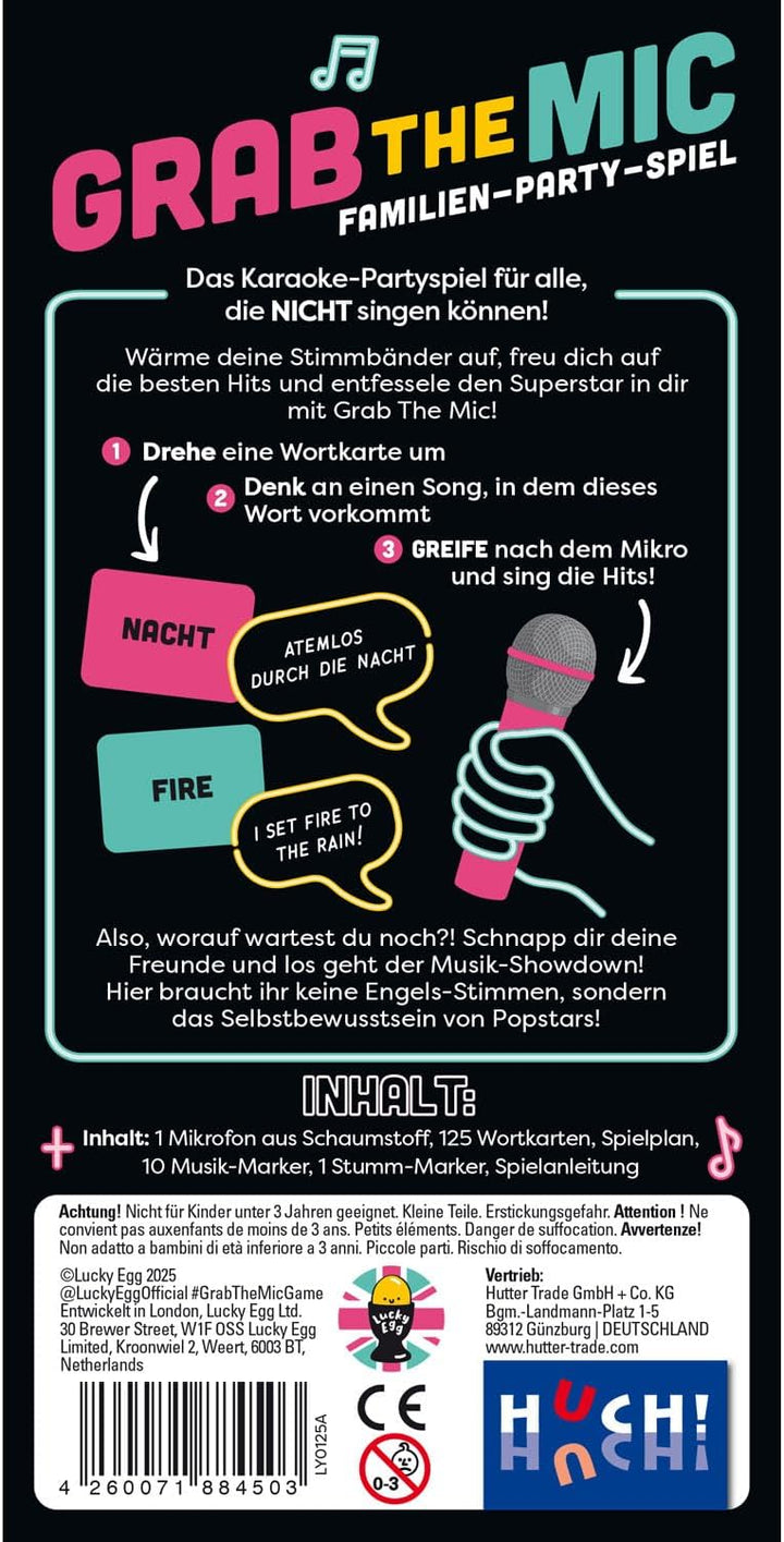 HUCH!, Grab The Mic Spiel Deutsch, Karaoke Spiel mit lustigen Songtext-Challenges, Partyspiele lusti