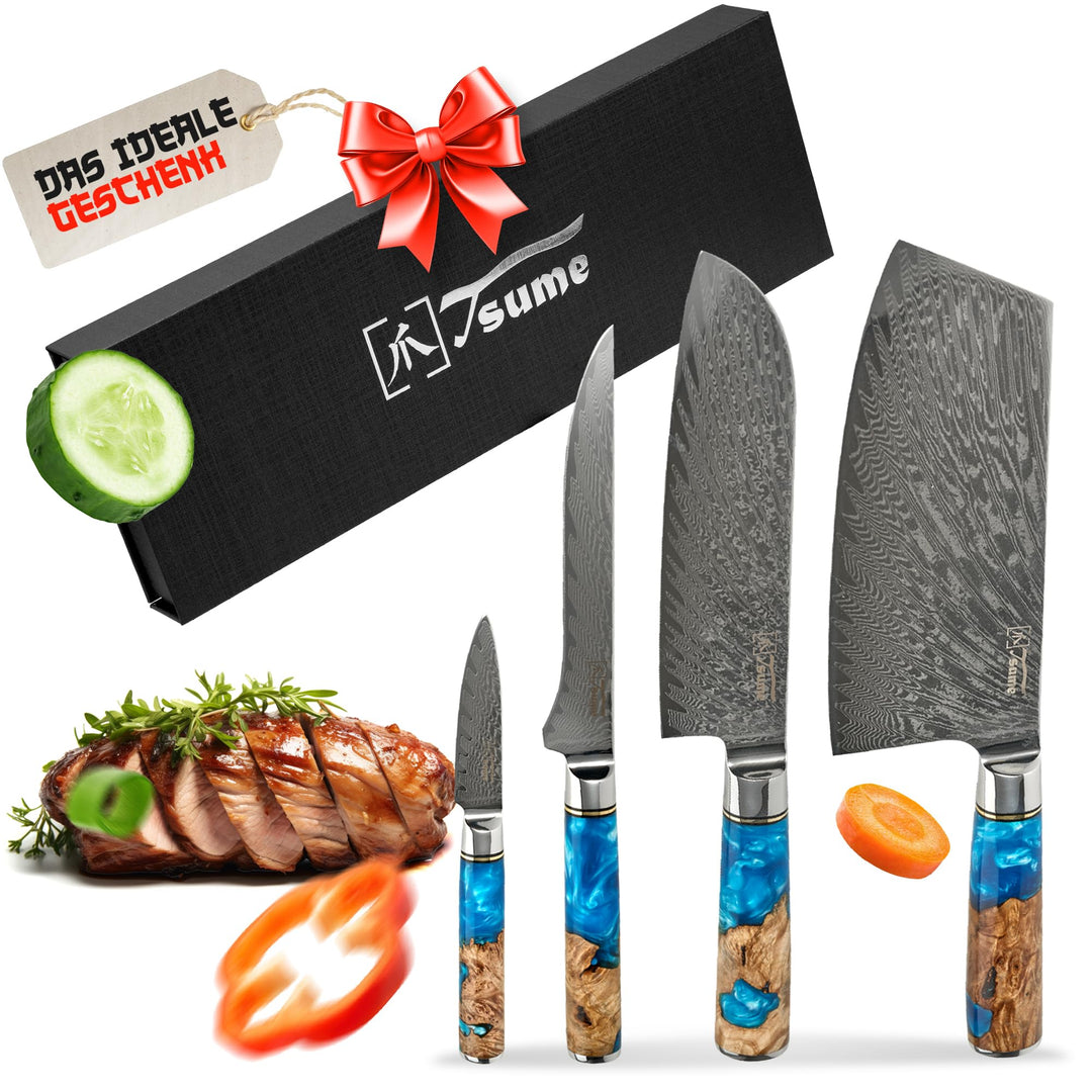 Tsume Exotic Set Saphir, Messerset mit 4 Premium Küchenmessern, Echte Damast Küchenmesser, 67 Schich