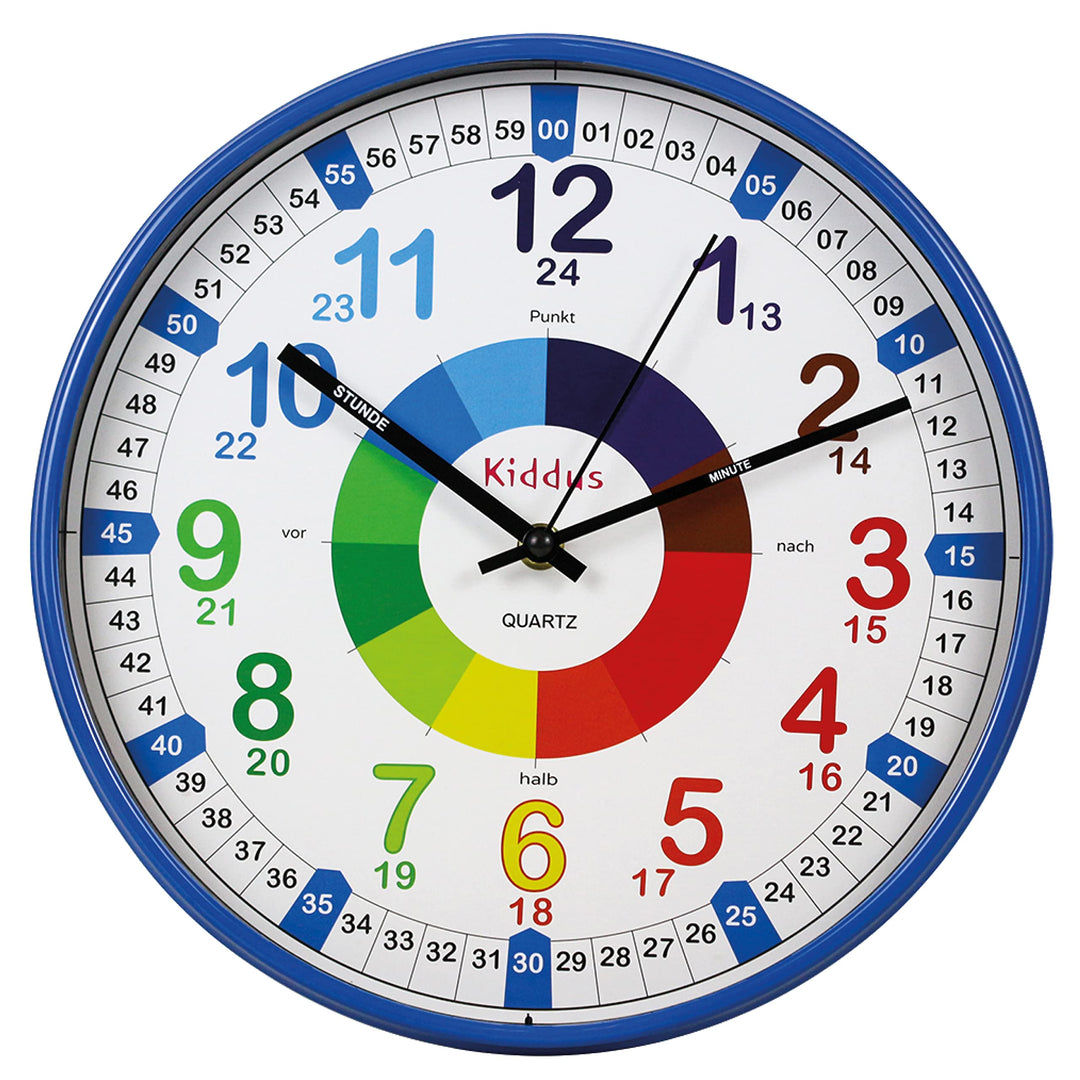 Kiddus Kinder Wanduhr, Jungen und Mädchen, Analoger Lernuhr mit Zeitlernübungen, Kinderwanduhr Ohne