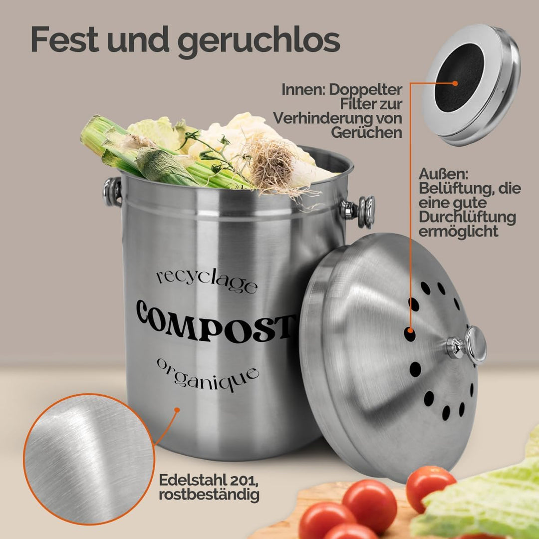 Linxor - Komposter, Behälter, Mülleimer für Küchenkompost 5L rund aus Edelstahl Grau Einzigartig, Gr