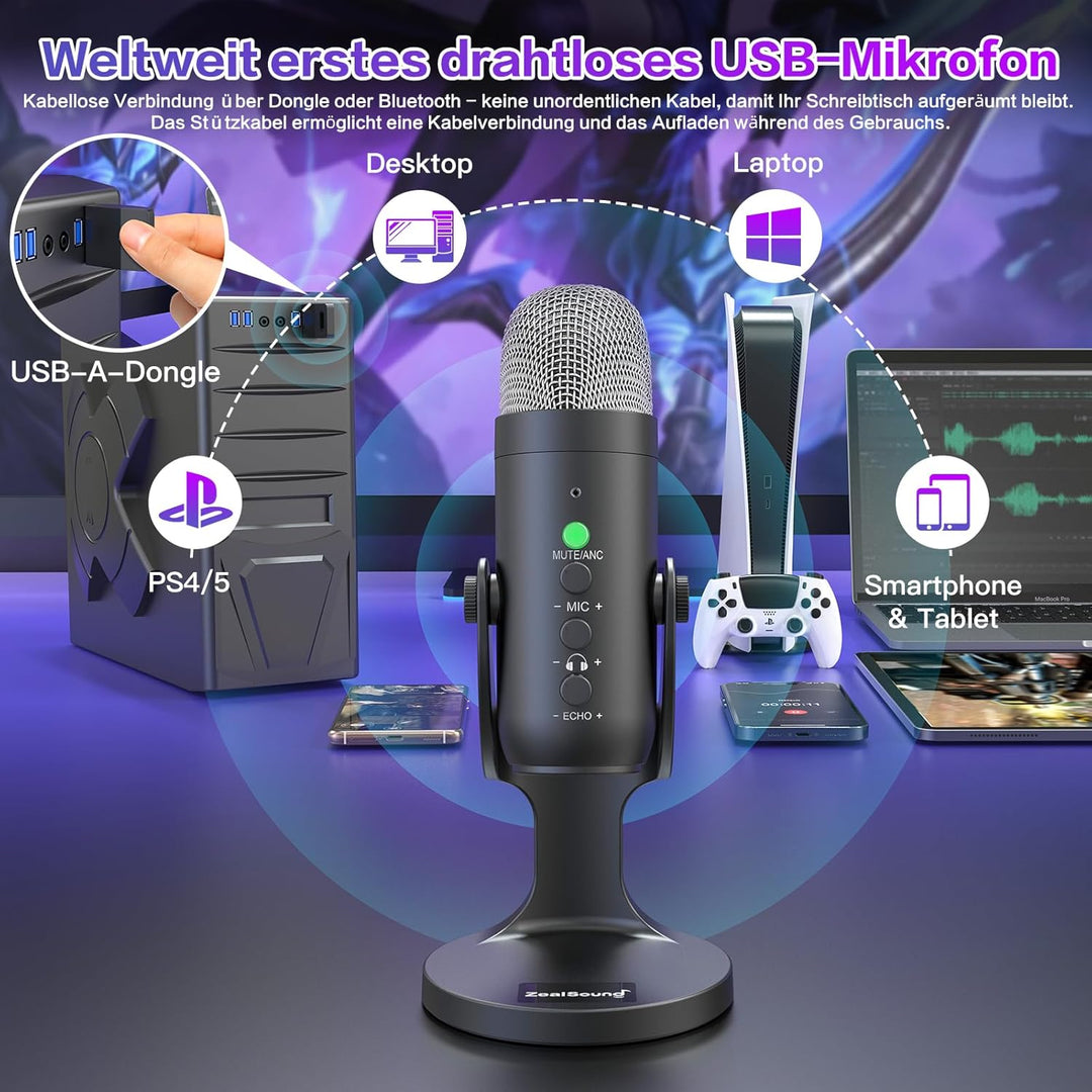zealsound Wireless USB Mikrofon für PC, Handy & iPhone - 2.4GHz Drahtloses Tishmikrofon mit Rauschun