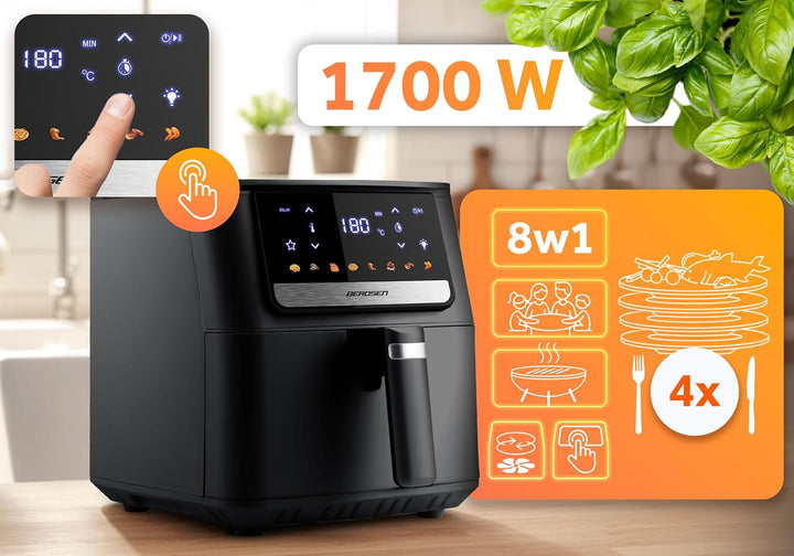 Berdsen Airfryer Heissluftfritteuse - 1700 W 6,5 l - Fritteuse - 8 Programme Touchscreen - Schwarz,