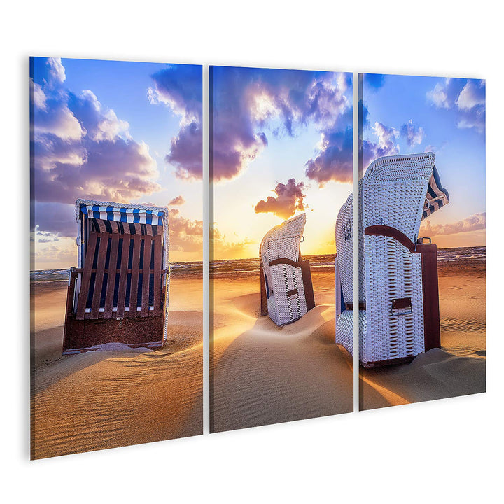 islandburner Bild auf Leinwand Strand Sonnenuntergang Ostsee Strandkörbe Bilder Wandbilder Poster Le