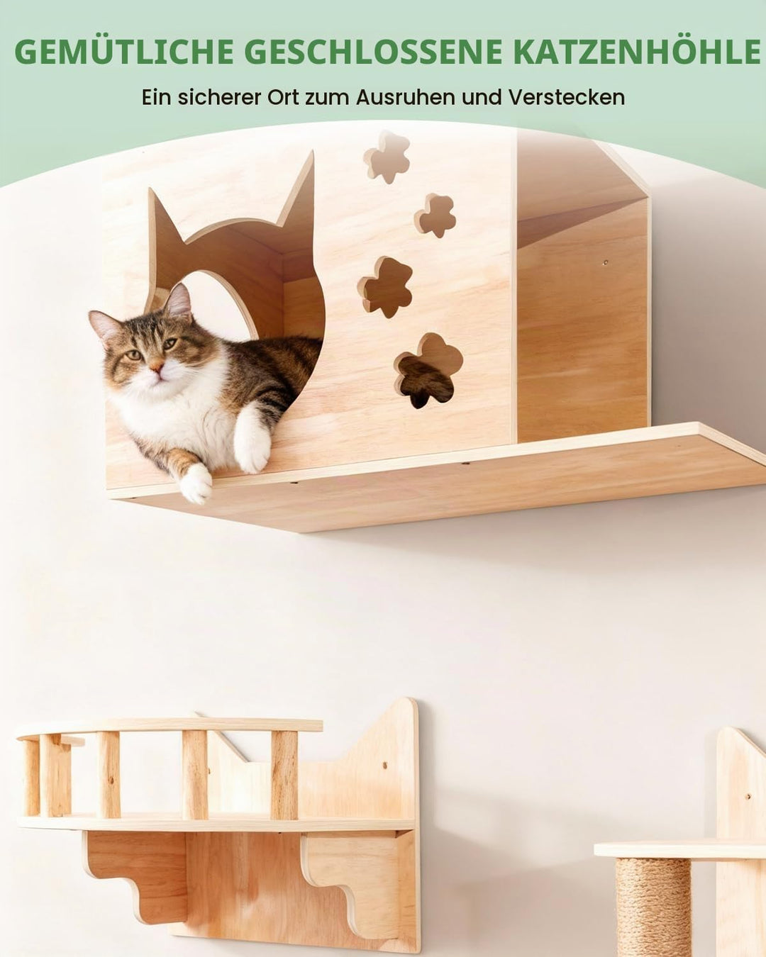 Kletterwand Katzen, 6-teilig Katzen Kletterwand mit Katzenhäusern, bis 15kg | Katzen Wandelemente mi