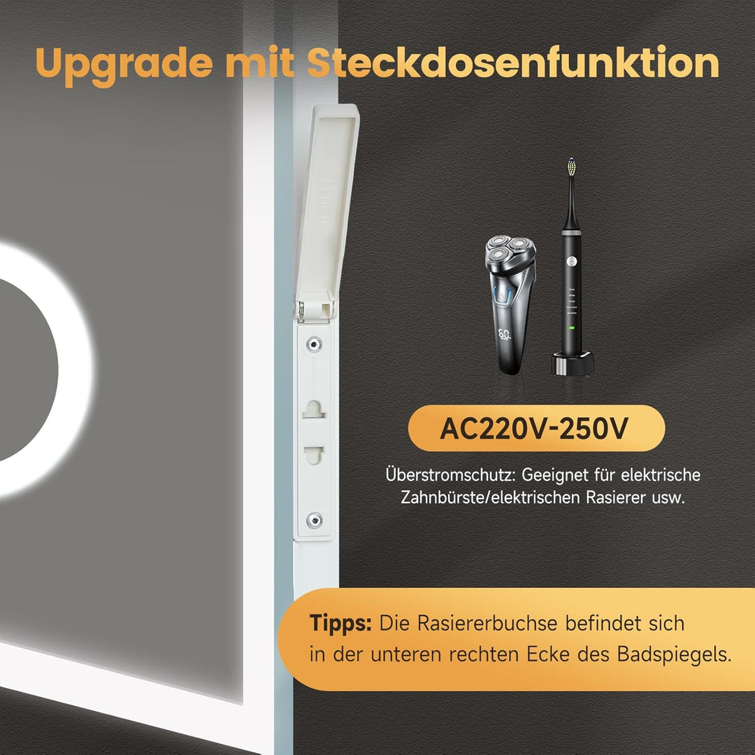 YOLEO Badspiegel mit Beleuchtung, LED Spiegel mit Uhr, Temperatur, 3-Fach Vergrösserung, Wandspiegel