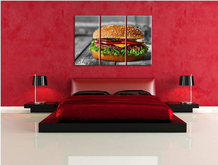 Pixxprint appetitlicher Cheeseburger als Leinwandbild | Grösse: 3 Teilig (120x80) | Wandbild| Kunstd